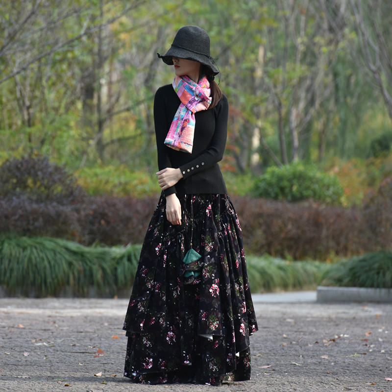 Suxin многослойная юбка чёрная с цветами
